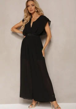 Czarny Plisowany Kombinezon z Falbankami i Szerokimi Nogawkami Jarina
