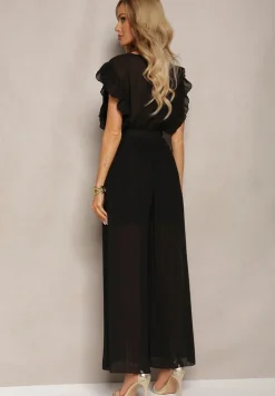 Czarny Plisowany Kombinezon z Falbankami i Szerokimi Nogawkami Jarina