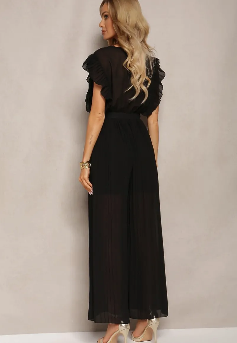 Czarny Plisowany Kombinezon z Falbankami i Szerokimi Nogawkami Jarina