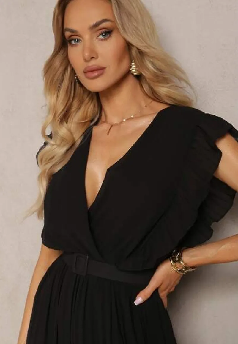 Czarny Plisowany Kombinezon z Falbankami i Szerokimi Nogawkami Jarina