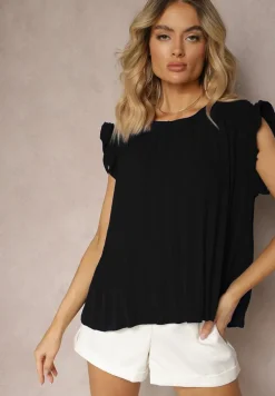 Czarny Plisowany Top Koszulka z Krótkim Rękawem Meavina