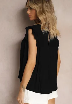 Czarny Plisowany Top Koszulka z Krótkim Rękawem Meavina