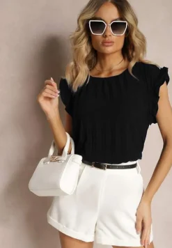 Czarny Plisowany Top Koszulka z Krótkim Rękawem Meavina