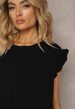 Czarny Plisowany Top Koszulka z Krótkim Rękawem Meavina