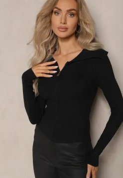 Czarny Prążkowany Kardigan o Dopasowanym Kroju z Szerokim Kołnierzem i Zapięciem na Suwak Zinmare