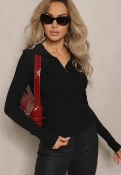 Czarny Prążkowany Kardigan o Dopasowanym Kroju z Szerokim Kołnierzem i Zapięciem na Suwak Zinmare