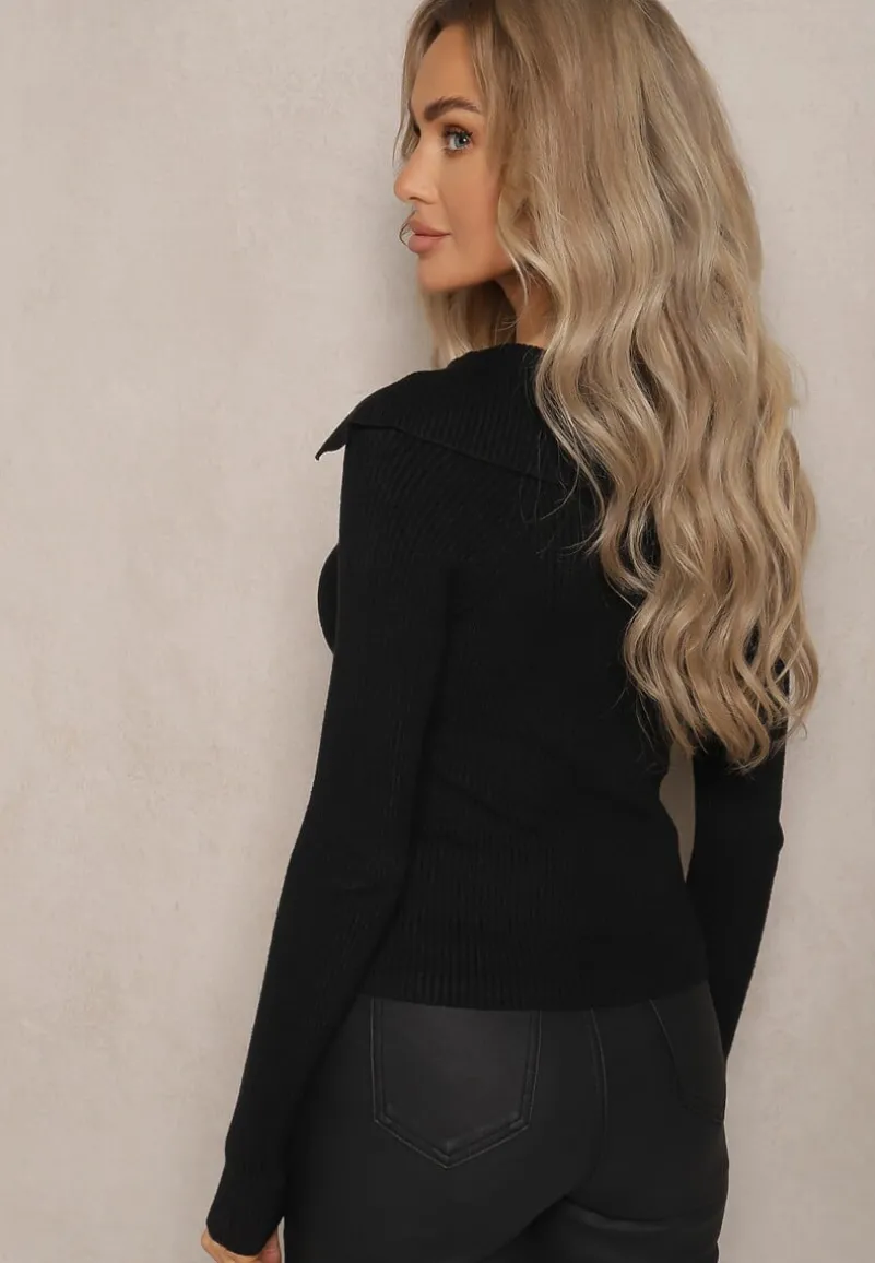 Czarny Prążkowany Kardigan o Dopasowanym Kroju z Szerokim Kołnierzem i Zapięciem na Suwak Zinmare