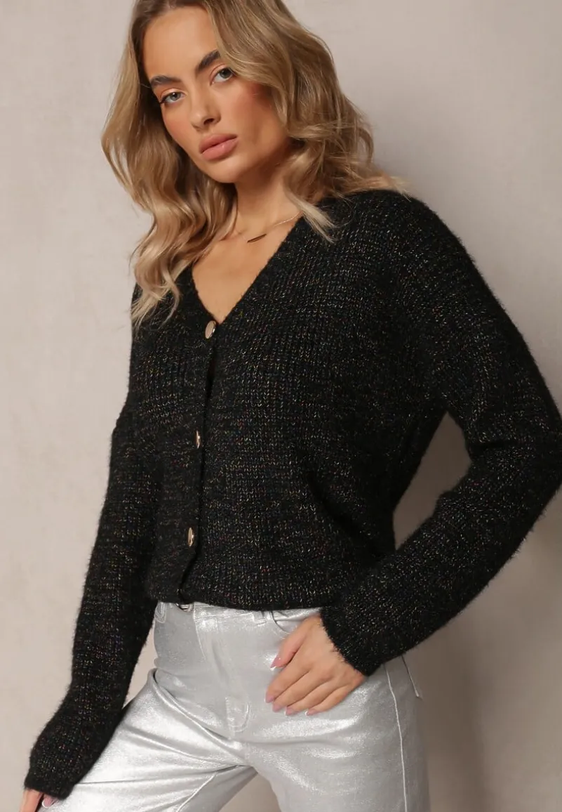 Czarny Prążkowany Kardigan Zapinany na Guziki z Metaliczną Nitką Fecka