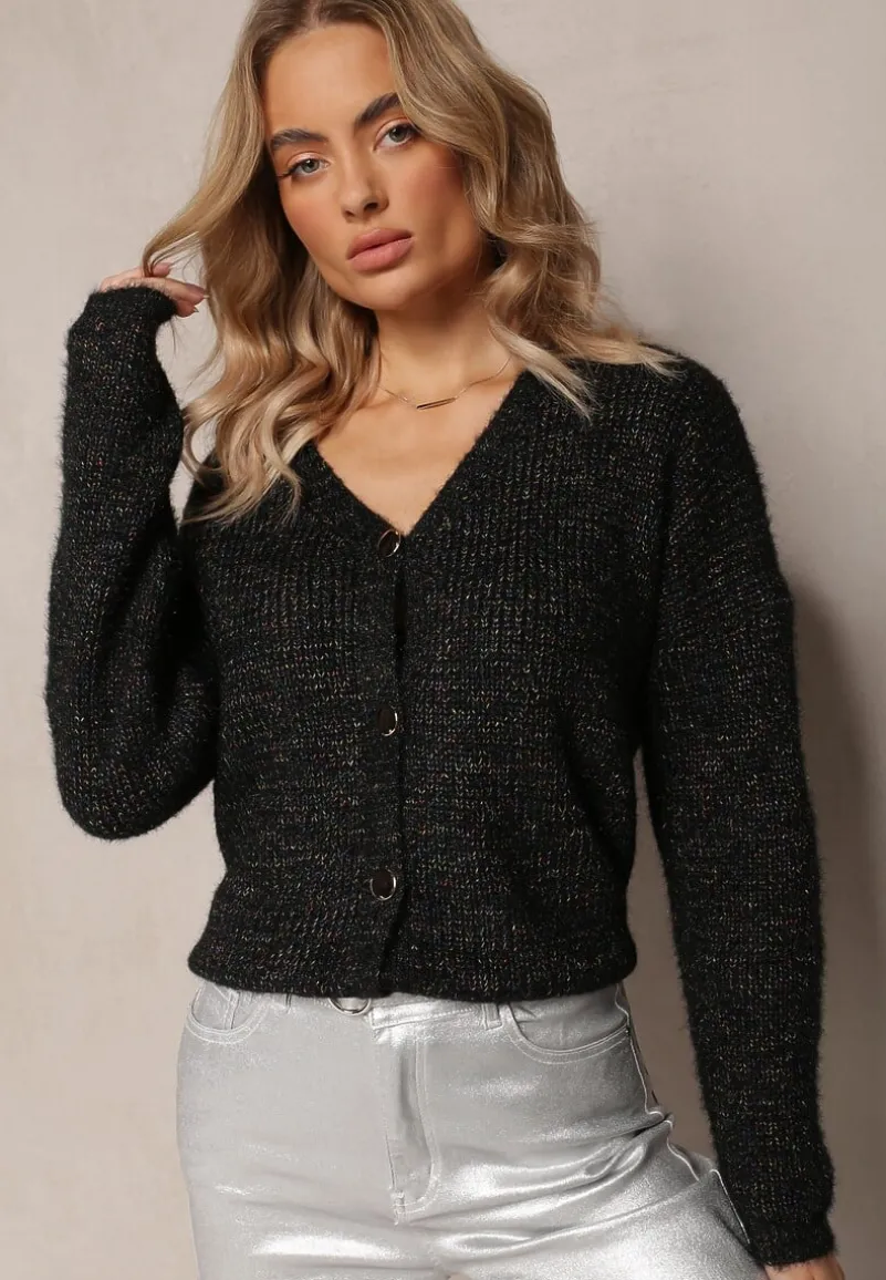 Czarny Prążkowany Kardigan Zapinany na Guziki z Metaliczną Nitką Fecka