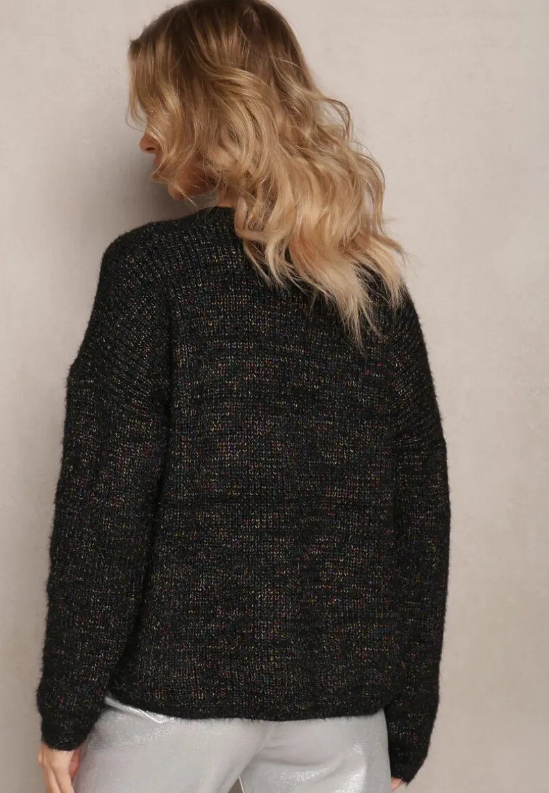 Czarny Prążkowany Kardigan Zapinany na Guziki z Metaliczną Nitką Fecka