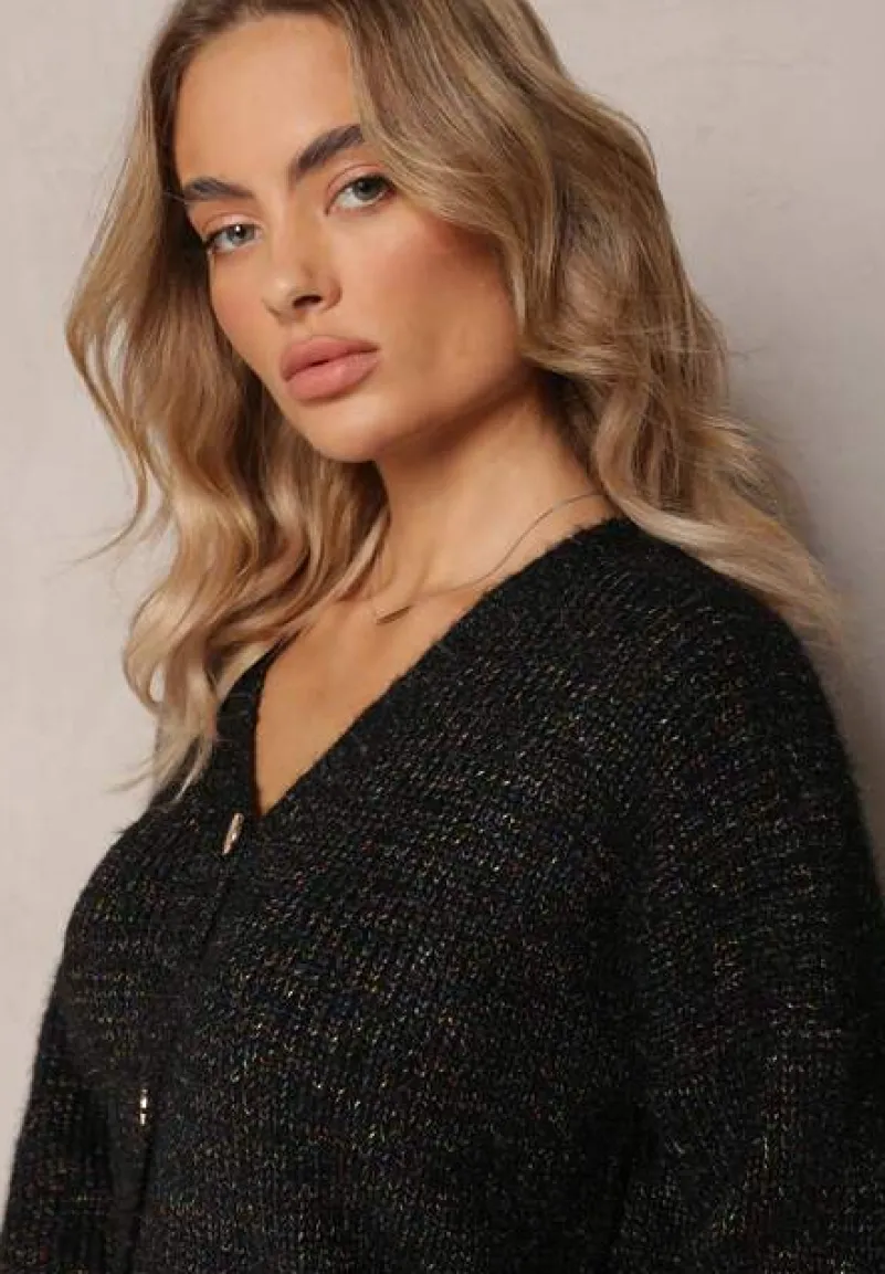 Czarny Prążkowany Kardigan Zapinany na Guziki z Metaliczną Nitką Fecka