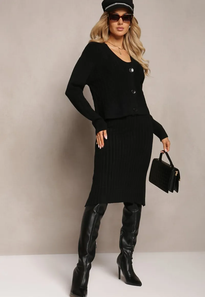 Czarny Prążkowany Komplet Dzianinowy z Sukienką i Kardiganem Nalindrie