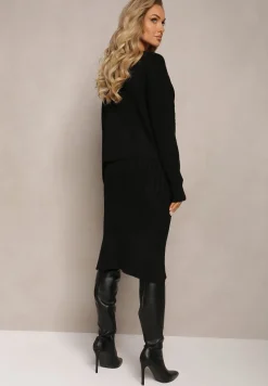 Czarny Prążkowany Komplet Dzianinowy z Sukienką i Kardiganem Nalindrie