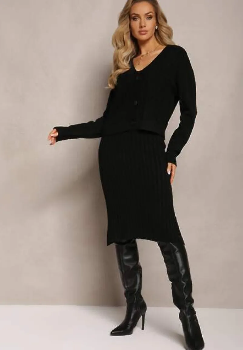 Czarny Prążkowany Komplet Dzianinowy z Sukienką i Kardiganem Nalindrie