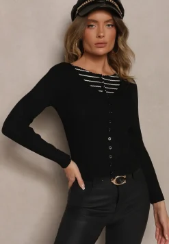 Czarny Prążkowany Rozpinany Kardigan z Wiskozą Pinnalia