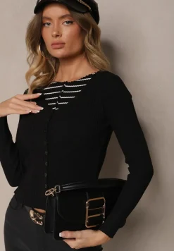 Czarny Prążkowany Rozpinany Kardigan z Wiskozą Pinnalia