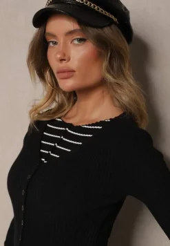 Czarny Prążkowany Rozpinany Kardigan z Wiskozą Pinnalia