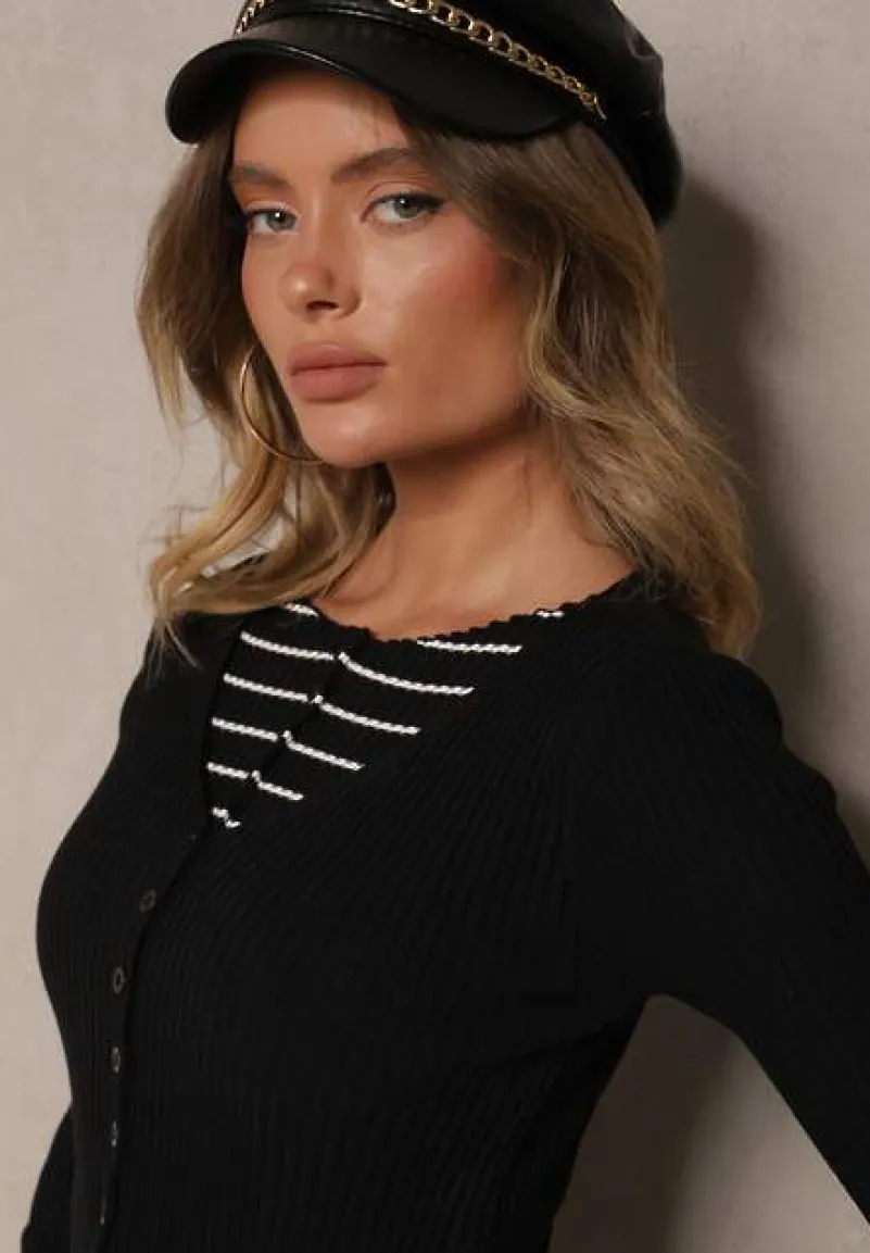 Czarny Prążkowany Rozpinany Kardigan z Wiskozą Pinnalia