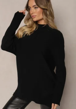 Czarny Prążkowany Sweter z Półgolfem z Rozcięciami po Bokach Rerilla