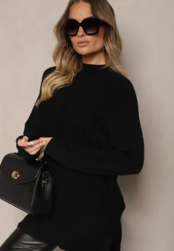 Czarny Prążkowany Sweter z Półgolfem z Rozcięciami po Bokach Rerilla