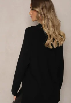 Czarny Prążkowany Sweter z Półgolfem z Rozcięciami po Bokach Rerilla
