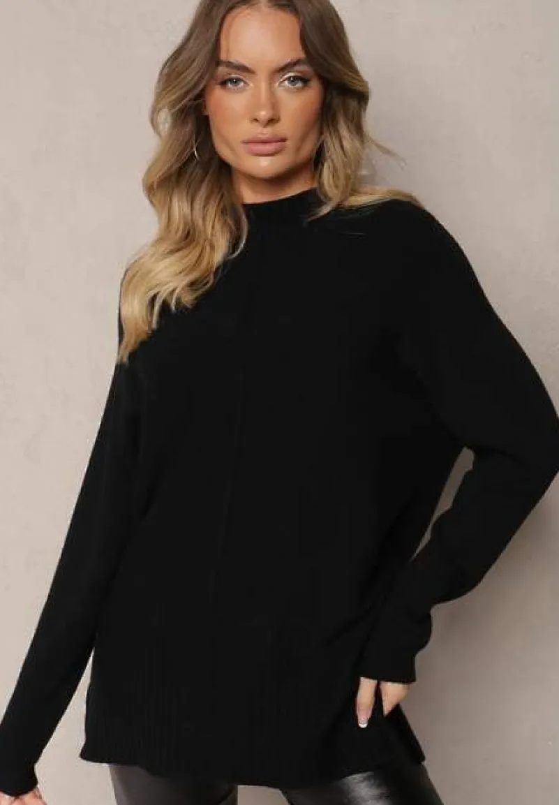 Czarny Prążkowany Sweter z Półgolfem z Rozcięciami po Bokach Rerilla