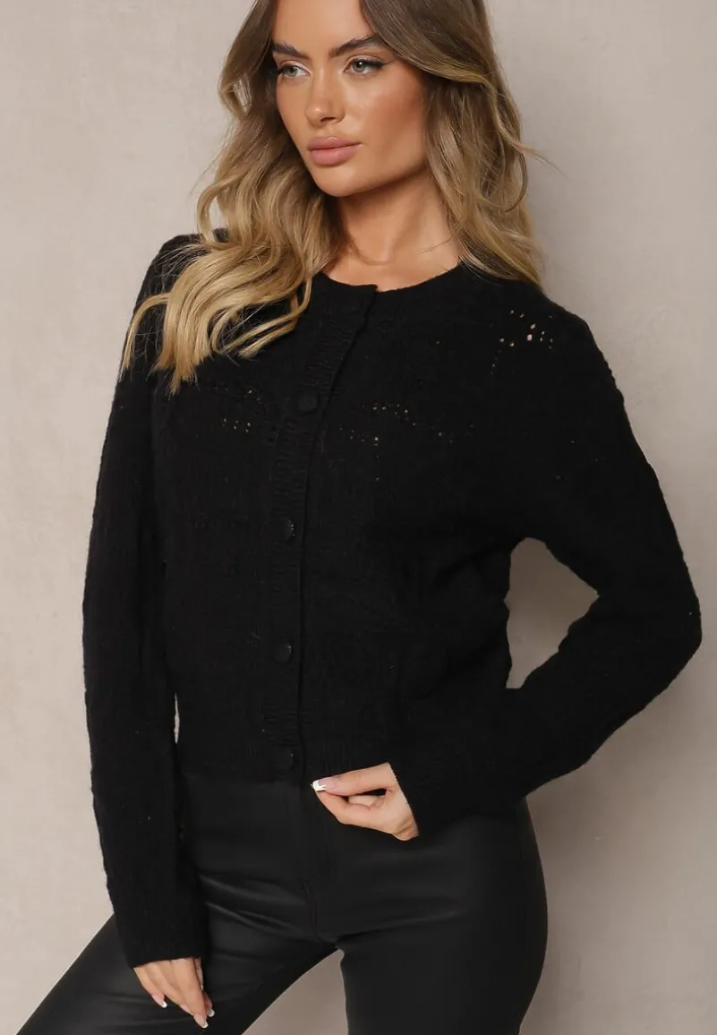 Czarny Pudełkowy Kardigan z Wełną i Wiskozą o Tłoczonym Splocie Vaitra
