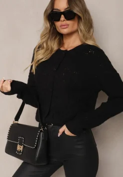 Czarny Pudełkowy Kardigan z Wełną i Wiskozą o Tłoczonym Splocie Vaitra