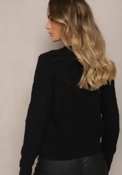 Czarny Pudełkowy Kardigan z Wełną i Wiskozą o Tłoczonym Splocie Vaitra