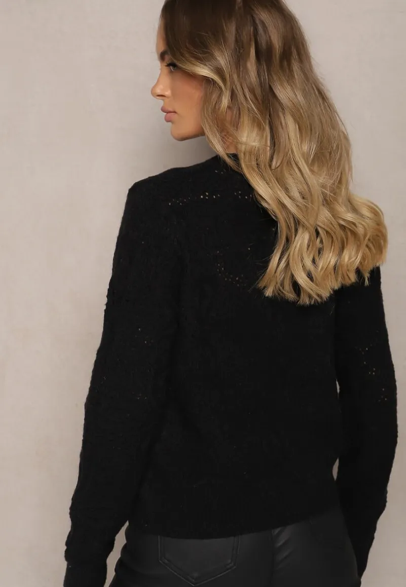 Czarny Pudełkowy Kardigan z Wełną i Wiskozą o Tłoczonym Splocie Vaitra