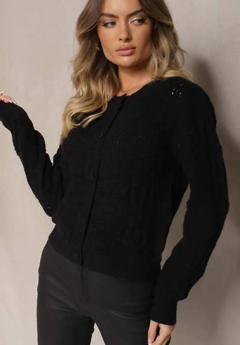 Czarny Pudełkowy Kardigan z Wełną i Wiskozą o Tłoczonym Splocie Vaitra