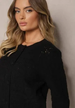 Czarny Pudełkowy Kardigan z Wełną i Wiskozą o Tłoczonym Splocie Vaitra