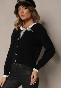 Czarny Retro Kardigan z Wiskozą Ozdobiony Wiązaną Apaszką i Eleganckimi Guzikami Evelimi