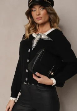 Czarny Retro Kardigan z Wiskozą Ozdobiony Wiązaną Apaszką i Eleganckimi Guzikami Evelimi