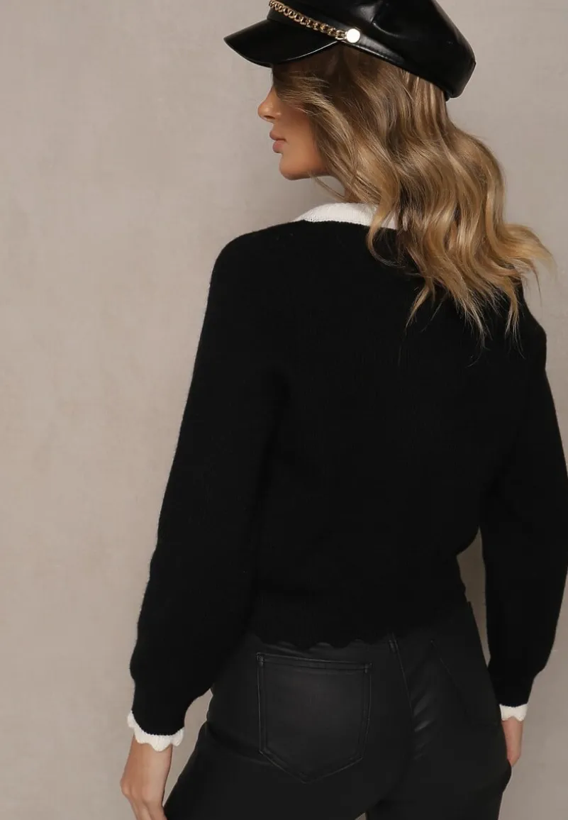 Czarny Retro Kardigan z Wiskozą Ozdobiony Wiązaną Apaszką i Eleganckimi Guzikami Evelimi