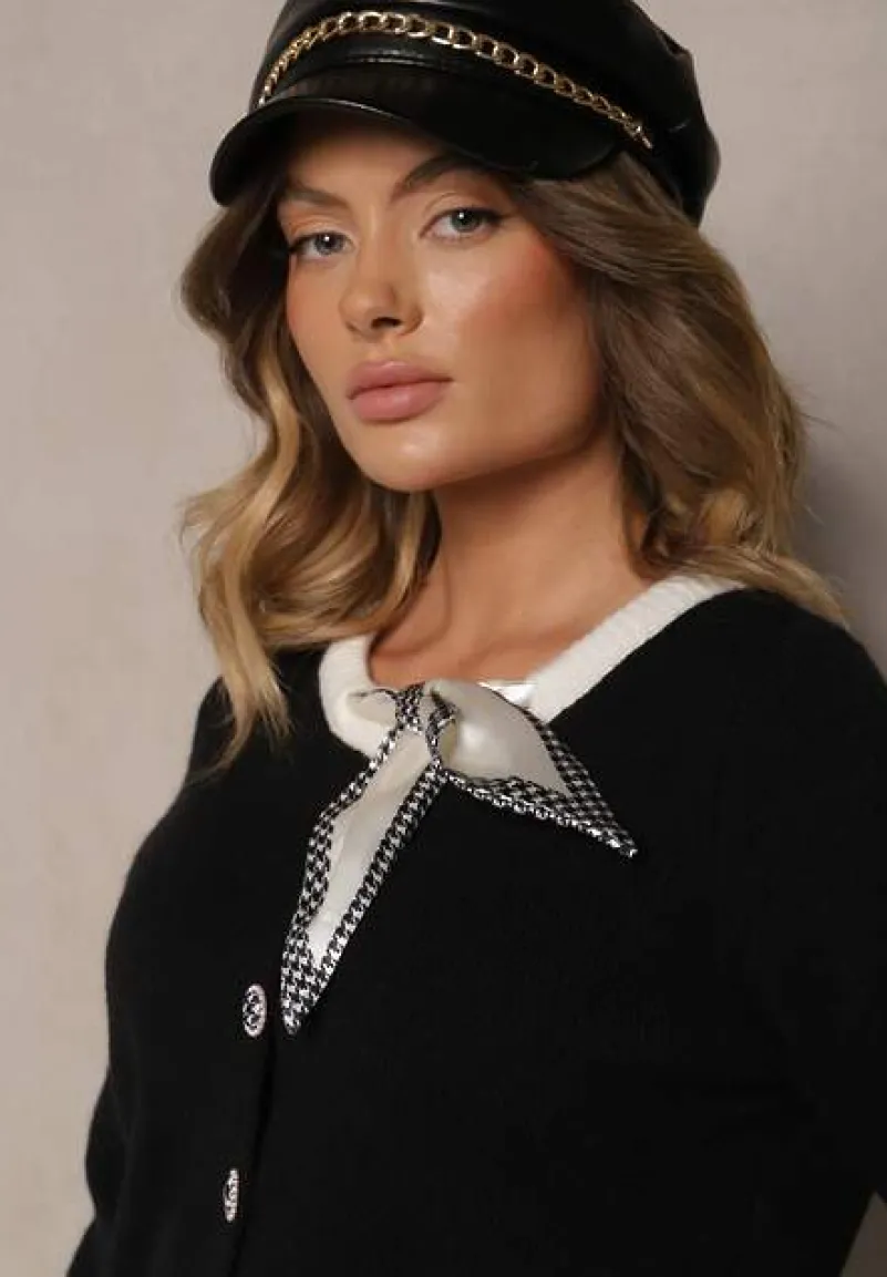 Czarny Retro Kardigan z Wiskozą Ozdobiony Wiązaną Apaszką i Eleganckimi Guzikami Evelimi