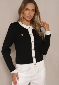 Czarny Retro Sweter Kardigan z Wiskozą z Eleganckimi Guzikami Tesorenia