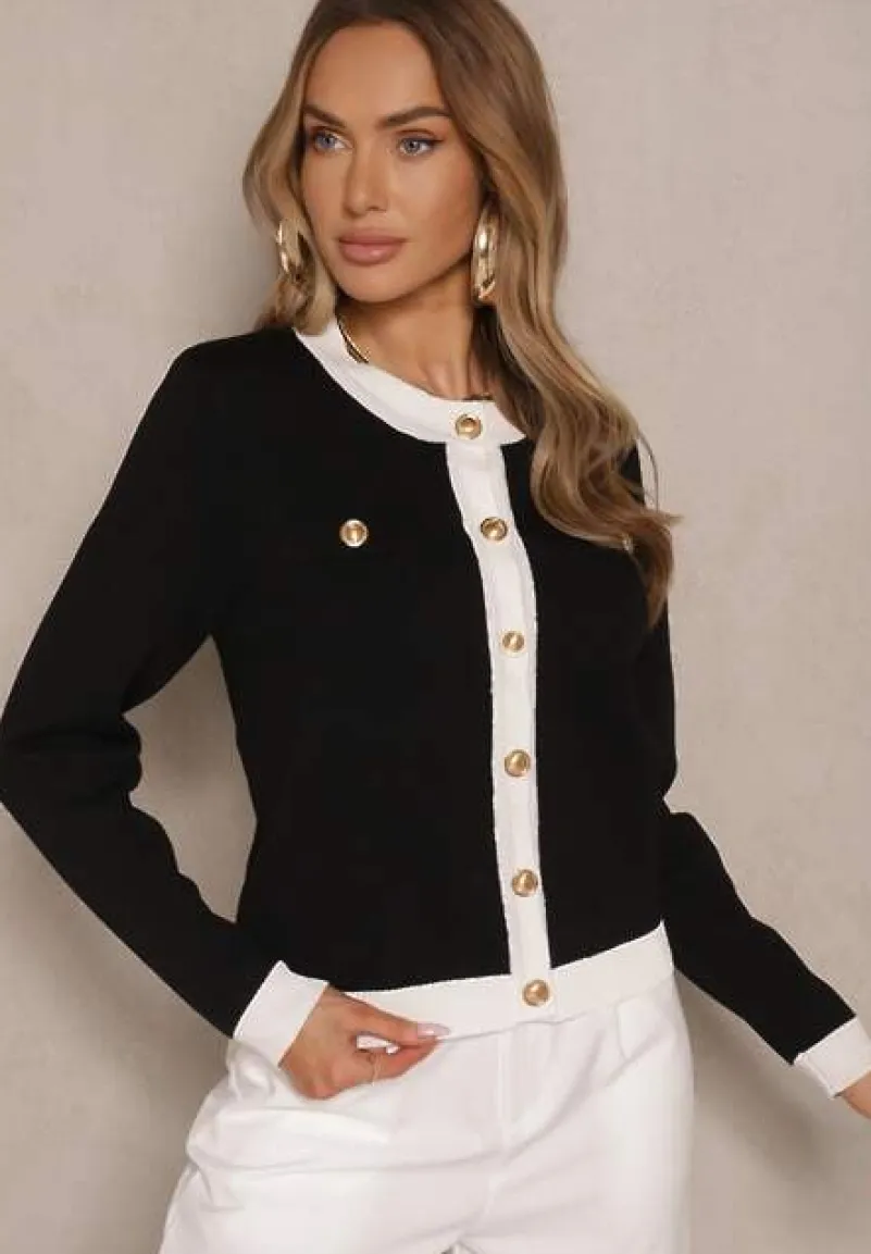 Czarny Retro Sweter Kardigan z Wiskozą z Eleganckimi Guzikami Tesorenia