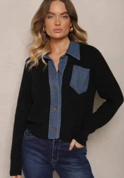 Czarny Rozpinany Kardigan z Wełną Bawełną i Jeansowymi Wstawkami Edelissa