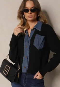 Czarny Rozpinany Kardigan z Wełną Bawełną i Jeansowymi Wstawkami Edelissa