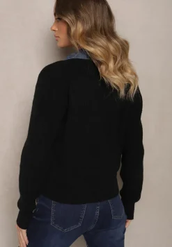 Czarny Rozpinany Kardigan z Wełną Bawełną i Jeansowymi Wstawkami Edelissa