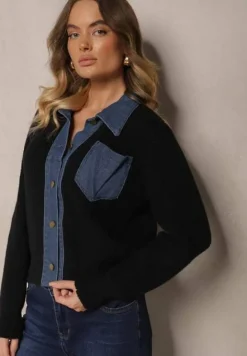 Czarny Rozpinany Kardigan z Wełną Bawełną i Jeansowymi Wstawkami Edelissa