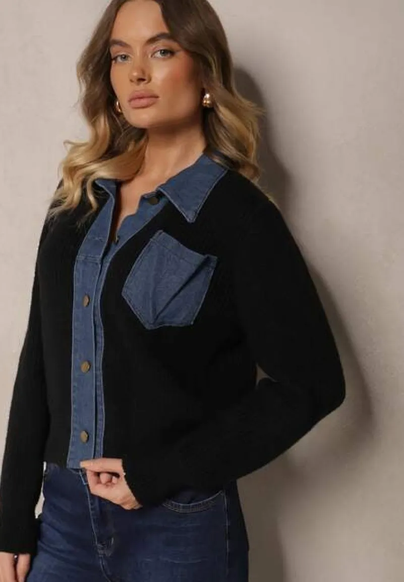 Czarny Rozpinany Kardigan z Wełną Bawełną i Jeansowymi Wstawkami Edelissa