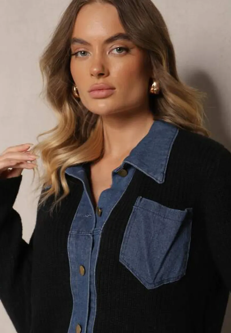 Czarny Rozpinany Kardigan z Wełną Bawełną i Jeansowymi Wstawkami Edelissa