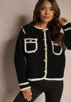 Czarny Rozpinany Kardigan w Eleganckim Stylu z Nitami i Lamówką Irinalea