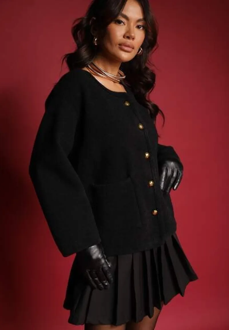 Czarny Rozpinany Kardigan z Wiskozą Hanneth