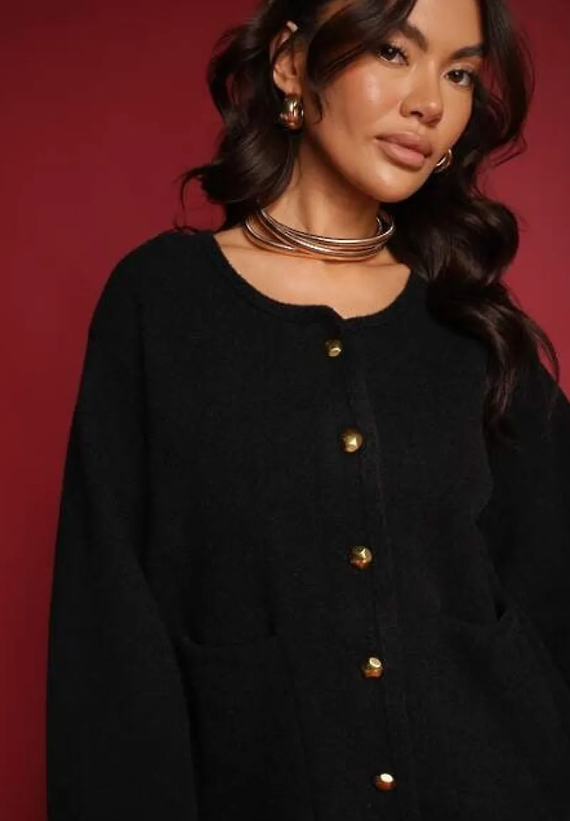 Czarny Rozpinany Kardigan z Wiskozą Hanneth