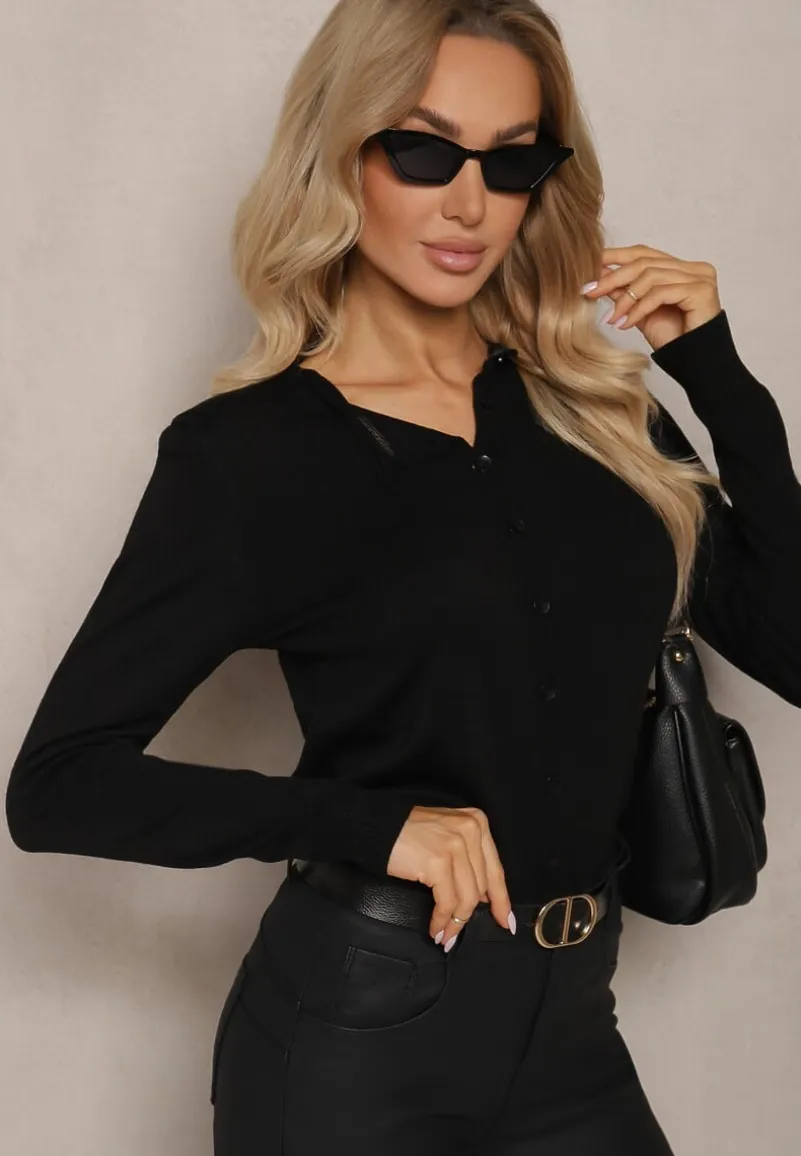 Czarny Rozpinany Kardigan Ozdobiony Ściągaczem Omelle