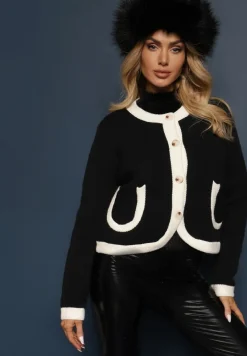 Czarny Rozpinany Klasyczny Kardigan z Wełną Senneva