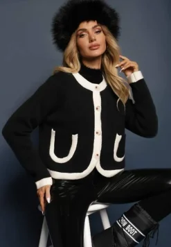 Czarny Rozpinany Klasyczny Kardigan z Wełną Senneva